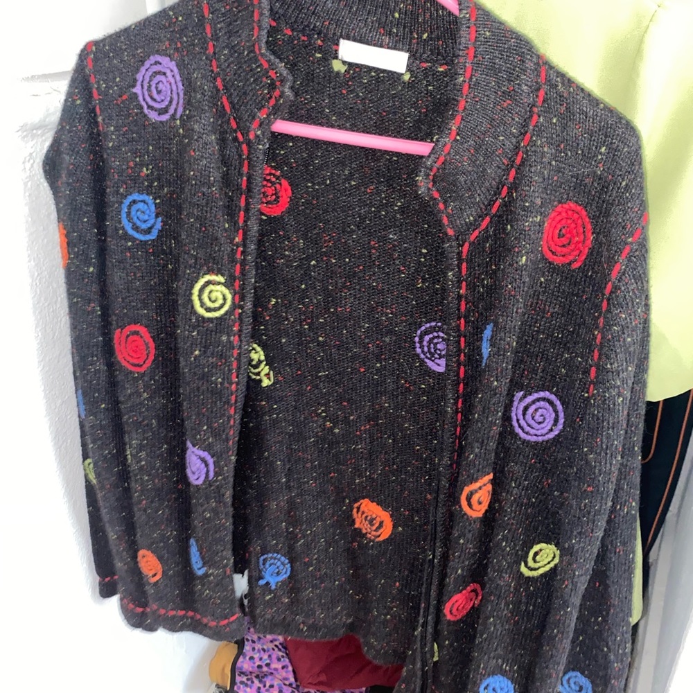 Hand Embroidered Funky Sweater, fits like a medium! Zip up